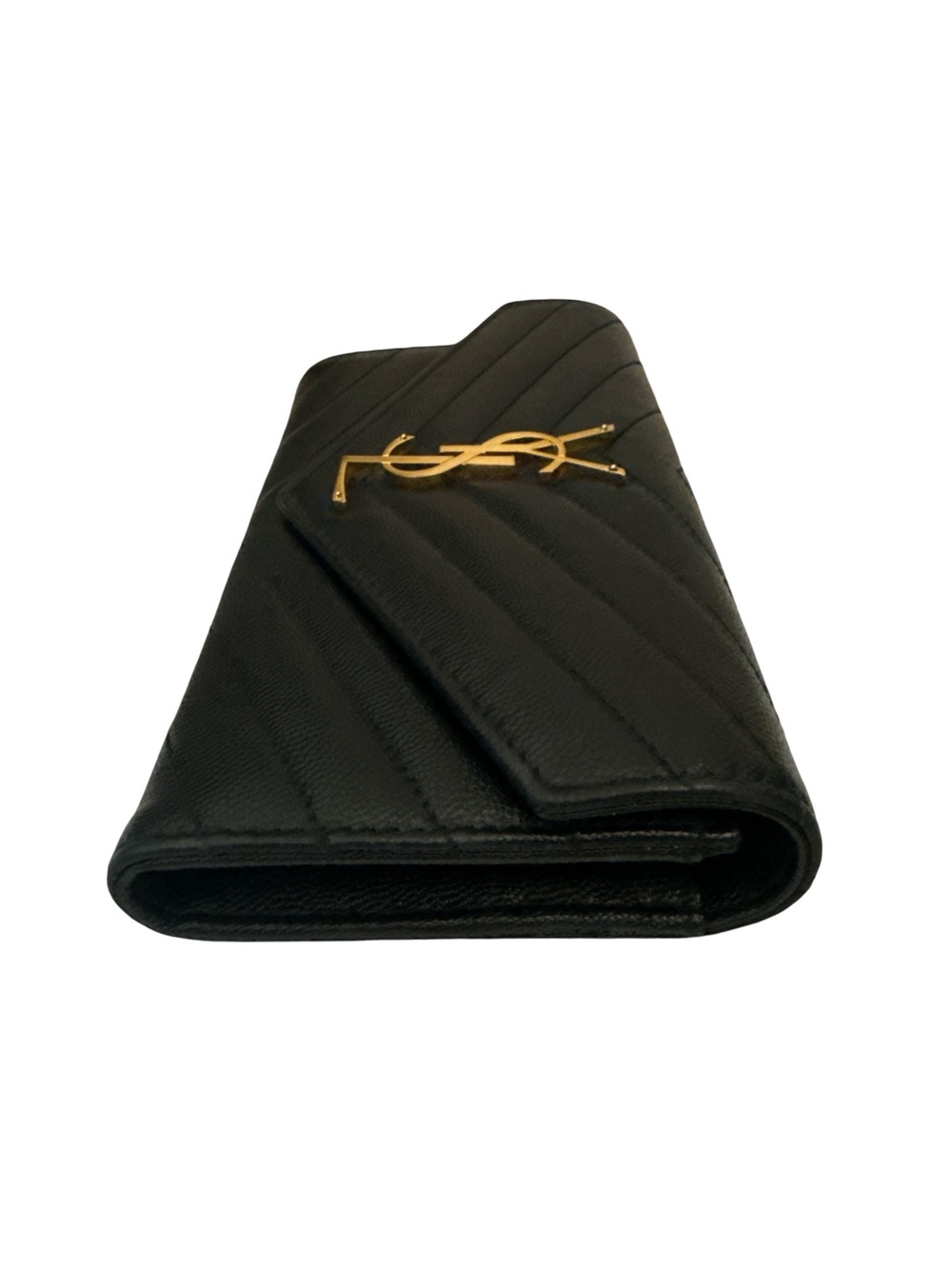 Saint Laurent Black Chevron Leather Wallet with Gold YSL Emblem Crossbody - Picture 13 of 15